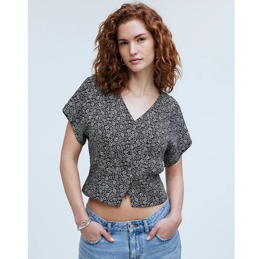 Madewell Pleated Short Sleeve Floral Printed Top